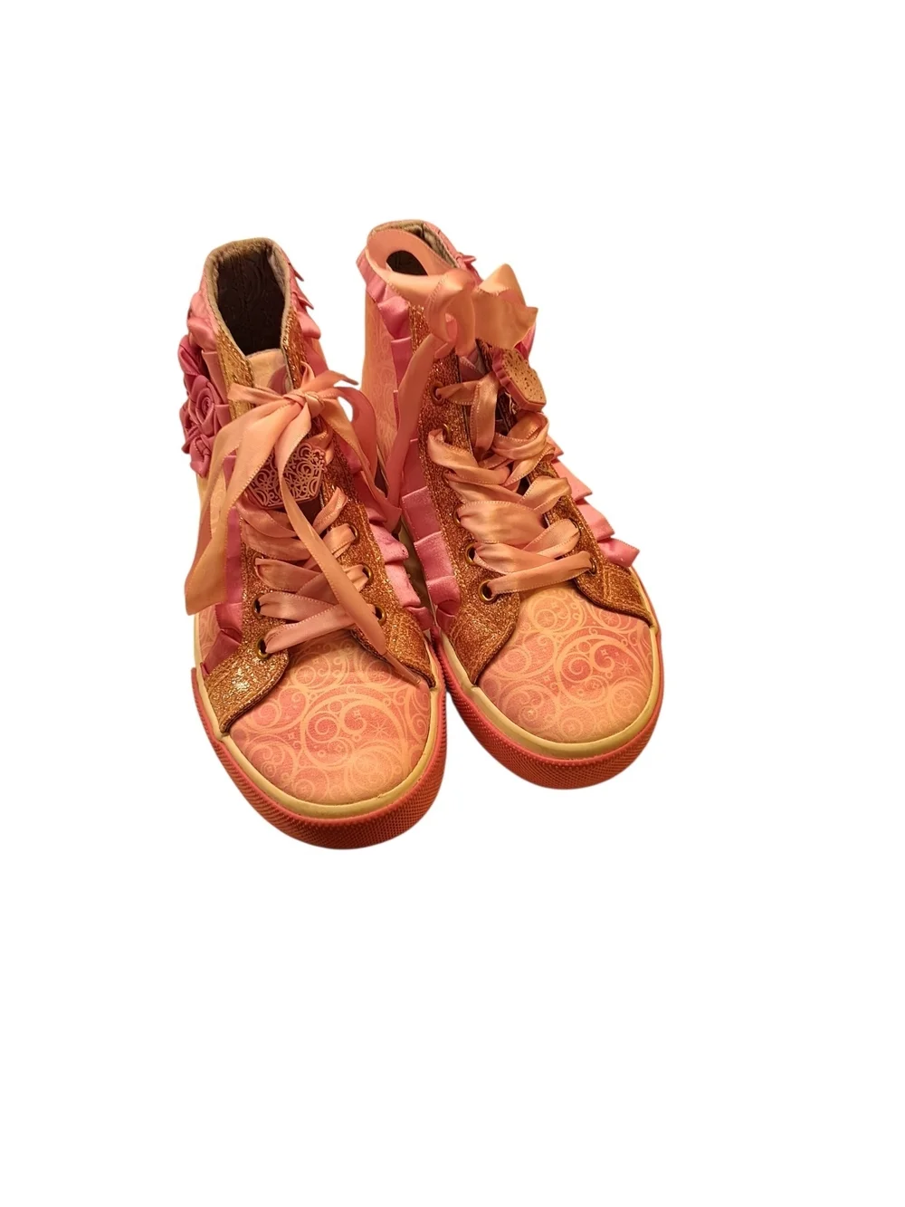 Girls' Pink Floral High-Top Sneakers with Satin Ribbon Laces